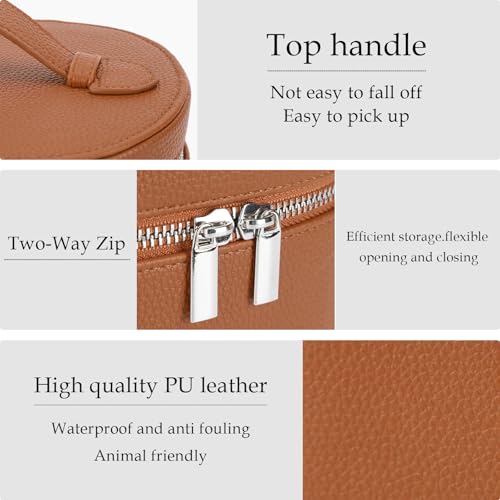 Leather Make Up Bags With Compartments, Brown travel Cosmetic Bags for Women, Parallel Makeup Travel Bags Organizer Equipped With a Detachable Divider