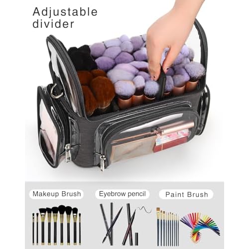 Makeup Brush Bag, Clear Makeup Brush Holder Professional Makeup Artist Travel Case Waterproof Cosmetic Organizer Bag, Full Open Easy to Access, with Adjustable Shoulder Strap and Dividers