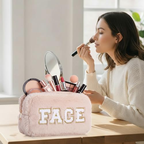 Paterr 4 Pieces Preppy Makeup Bag Chenille Letter Faux Fur Fluffy Bag Preppy Stuff Face Skin Hair Stuff Cute Toiletry Cosmetic Travel Bags Pouch with Zipper for Girls Women(Light Colors)