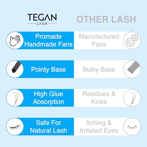 TEGAN LASH 500 Promade Fans Volume Eyelash Extensions, Handmade Loose False Eyelashes, From 3D - 16D, 0.03/0.05/0.07 Thickness, C/CC/D Curl, 9-15mm Length, Pestanas Pelo A Pelo (10D-0.05-D-12)