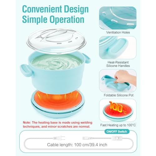 Waxing Kit, Foldable Wax Warmer with 4 Packs Hard Wax Beads, Silicone Wax Pot Machine for Full Body, Face, Eyebrows, Legs, Bikini, At Home Hair Removal Kit with 15 Accessories for Women Men, Green