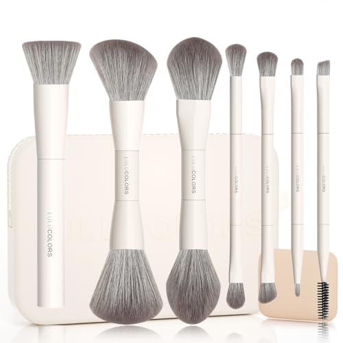 LULUCOLORS-Dual-Ended Makeup Brush Set with Sponge & Travel Case-13 Kinds of Multi-Functional Brushes for Face & Eyes ? Soft Bristles, Easy Travel Brush Set (Cream White)