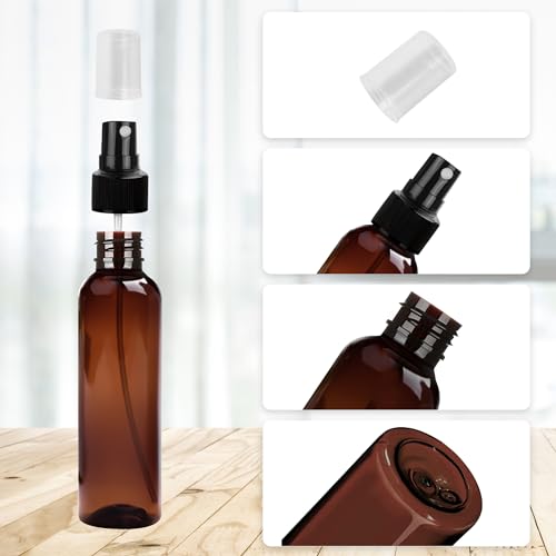 50 Pack 2oz Amber Spray Bottles Plastic, Fine Mist Small Spray Bottles Bulk, Empty Plastic Amber Sprays Bottle Reusable for Cosmetic with 3 Funnel, 10 Labels