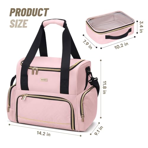 Large Makeup Cosmetic Bag with 2 Removable Case, Double Layer Travel Makeup Organizer Case, travel Toiletry Bag For Women, Pink