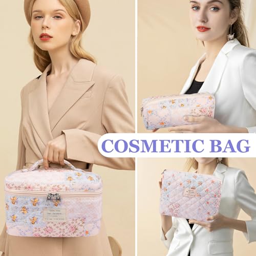Makeup Bag Set, Quilted Makeup Bag, Large Floral Cosmetic Bag for Women, Cute Cotton Makeup Bags, Flower Travel Toiletry Organizer Bag (Folk Style)