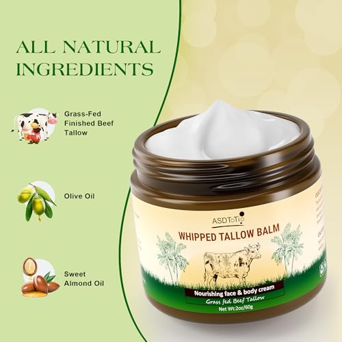 Handmade Whipped Tallow Balm for Skin Care- All Natural Grass Fed Beef Tallow All Purpose Balm,Face and Body Moisturizing Cream, Tallow Balm For Dry Skin- 2 oz