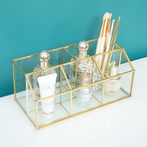 JIARI Gold 5-Compartment Desktop Organizer, Transparent Glass Makeup Brush Holder, 9.05x4.33x3.93 Inches Storage for Home Office and School Items (Gold-5 Slot)