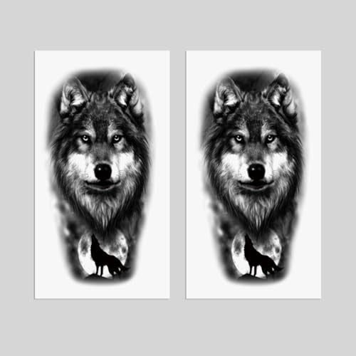 2 Sheets Realistic Animal Temporary Tattoos Stickers Moon Roar Wolf Designs For Men Waterproof Arm Leg Fake Body Art, Gym & Parties Bold Masculine Decals