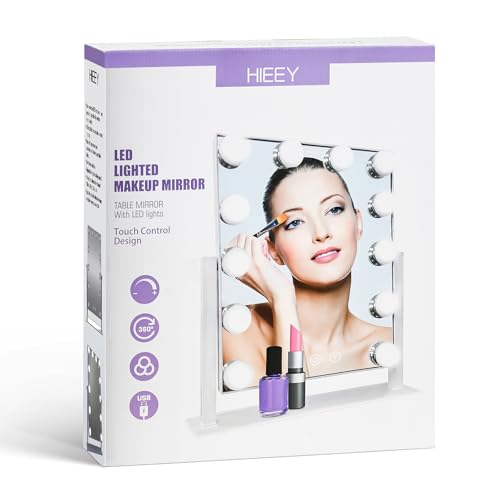 HIEEY Hollywood Vanity Mirror with 12 Dimmable Bulbs Lights, Three Color Lighting Modes, and 5X Magnification, Smart Touch Control, 360¡ÆRotation (White,Gift Box)