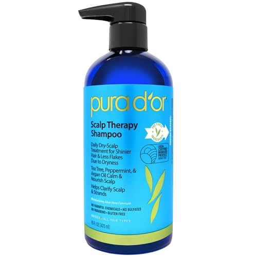 PURA D'OR Scalp Therapy Shampoo - Hydrates & Nourishes Scalp - Scalp Care Shampoo For Itchy Flaky Scalp w/ Tea Tree, Peppermint, Patchouli, Cedarwood, Clary Sage, Argan Oil 16oz (Packaging may vary) (00602)