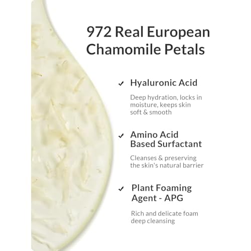 Kustie Chamomile Petal Body Wash with 972 Real Petals Floating in Clear Gel ? Calendula & Amino Acids ? Vegan, Sulfate-Free, Soothes & Moisturizes Sensitive Skin ? 24H Floral Scent, 24.3 fl oz