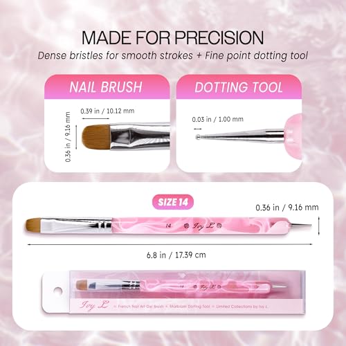 Ivy L Premium 2 Way French Gel Acrylic Nail Art Kolinsky Brush with Dotting Tool for Professional Manicure Cuticle Clean up Nail Art Design (Size # 14, Pink Marble)