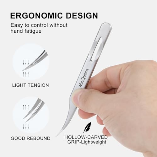 Ms.Queen Lash Tweezers for Eyelash Extensions, 5 Pcs Tweezers Set Professional Fine Tip Curved 45 Degree Lash Tweezers for Classic, Volume & Mega Volume Lashes - Ideal for Lash Artists