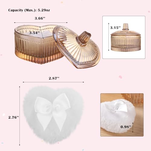 Dusting Powder Container with Velour Puff Cute Heart Shaped Body Powder Jar with Reusable and Washable Puff Clear Amber Glass Makeup Holder for Women