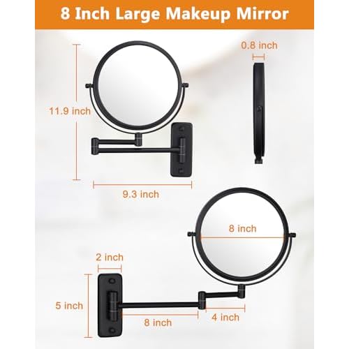 Wall Mounted Makeup Mirror - 1X/10X Magnifying Mirror for Wall, 8 Inch Double Sided 360¡Æ Swivel Extendable Bathroom Mirror for Shaving, Black