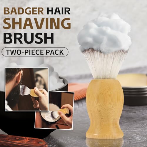 2 Pack Shaving Brush, Bamboo Handle Shave Brush with Synthetic Badger Hair, Soft Bristle Shaving Brush for Bearded Men