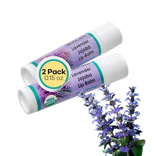 | USDA Organic Lavender Lip Balm ? 70% Jojoba Oil with Beeswax ? Natural Lavender Essential Oil ? Softens, Conditions & Protects Dry Lips ? 2-Pack (0.15 oz / 4.6 g Each)