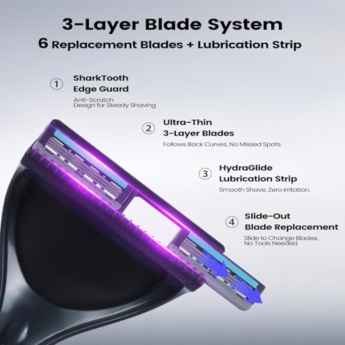 Back Shaver for Men - Retractable Long Handle Back Hair and Body Shavers,Replaceable Multi-Layer Double Blades£¨8PCS£©, Ergonomic DIY Wet or Dry Shaving Solution,Black