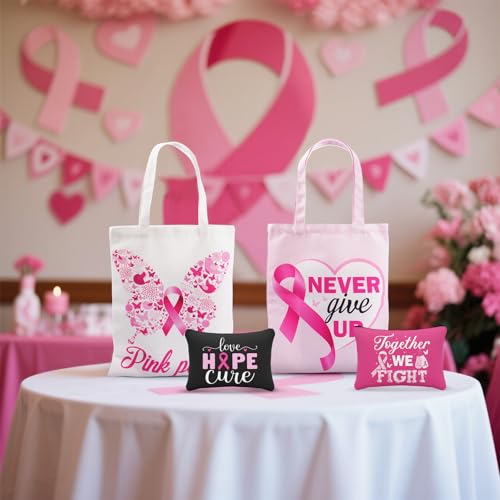 Blosssound 12 Pcs Breast Cancer Awareness Gift Bulk Tote Bags and Cosmetic Pouches Set Pink Ribbon Canvas Reusable Bags for Survivor Gifts Fundraiser Giveaways Charity Walks Awareness Events