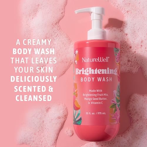 NATURE WELL Brightening Body Wash, Gentle & Creamy Formula Enriched with Mango Seed Butter & Vitamin C, Promotes a Luminous & Healthy-Looking Glow, Orange Zest, Blushed Rose, & Vanilla Scent, 33 Oz