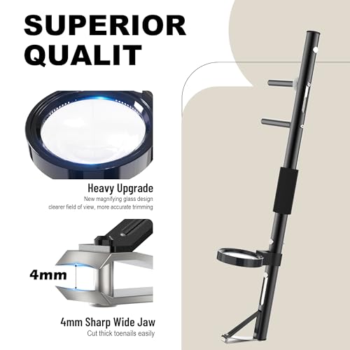 Long Handle Toenail Clippers with Built in Magnifier, Wide Jaw for Thick Nails, Easy Pedicure Tool for Seniors and Arthritis,Dark Black (27.20In)