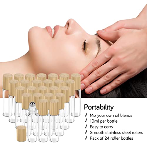 PrettyCare Essential Oil Roller Bottles 10ml (24 Pack Clear Glass Bottle with Bamboo Lid, 4 Extra Roller Balls£¬48 Labels, 2 Openers, 2 Funnels, 4 Droppers, Roller Balls For Essential Oils