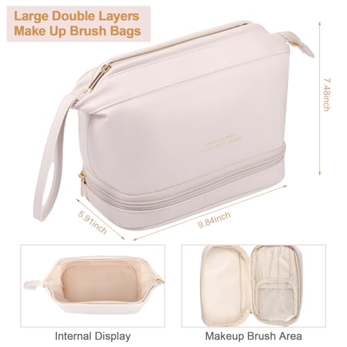 Bride Wedding Makeup Bag Large Double Layers Cosmetic Bag Travel Jewelry Box Claw Hair Clip Bridal Hair Tie for Women Bridal Shower Gift Engagement Present (White,Mrs)