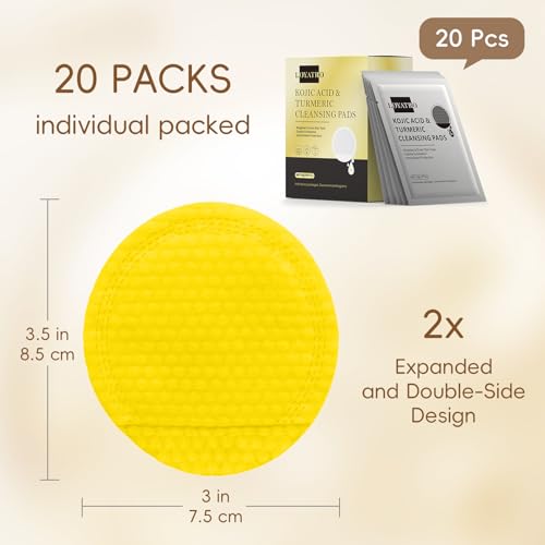 Turmeric Kojic Acid Facial Cleansing Pads for Gentle Exfoliation and Brightening, 20 Count (Pack of 1), For All Skin Types