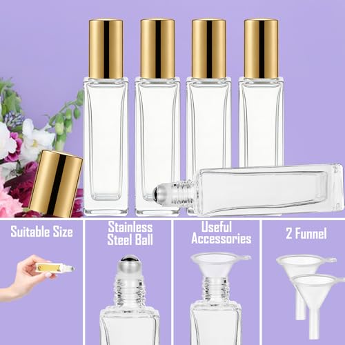 25 Pcs 10 ml Roller Bottles for Essential Oils, Square Thick Empty Glass Roller Bottles with Stainless Steel Roller Balls Protection Leakproof with 2 Funnel for Travel, Gold