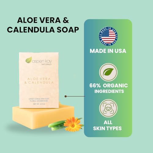 Aloe Vera & Calendula Soap, Natural & Organic Ingredients, Organic Aloe Vera, Calendula & Turmeric Soap. Use for Face & Body. for Men, Women & Teens. Gentle Face Wash. (Pack of 6)