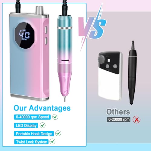Nail Drill Professional 40000RPM for Acrylic Nails, Nail Drill Portable Electric Nail Drill for Nail Manicure, Nail Drill Rechargeable High Capacity for Salon and Home Use (Pink-Blue)