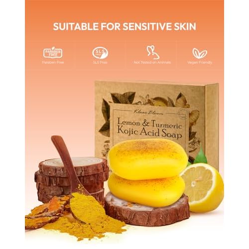 Lemon Turmeric Kojic Acid Soap ? Exfoliating Soap with Almond Particles for Dark Spots, Vitamin C and Extra Shea Butter, Gentle Brightening & Moisturizing for Face and Body ? 105g x4 Bars