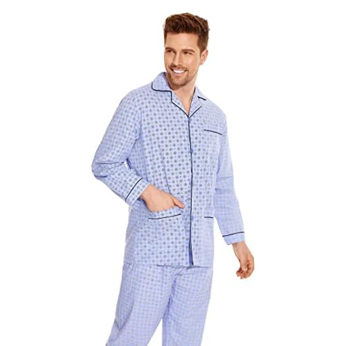 GLOBAL Mens Pajamas Set, 100% Cotton Woven Drawstring Sleepwear Set with Top and Pants/Bottoms