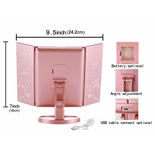 Miss Sweet Lighted Trifold Makeup Mirror Tabletop Mirror Vanity Mirror for Beauty Makeup (A Rose Gold)
