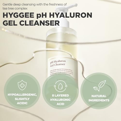 HYGGEE pH Hyaluron Gel Cleanser - Hyaluronic Acid Hydrating Face Wash - pH Balancing Formula for All Skin Types - Hypoallergenic Mild Makeup Cleansing Gel (6.76 fl.oz.)