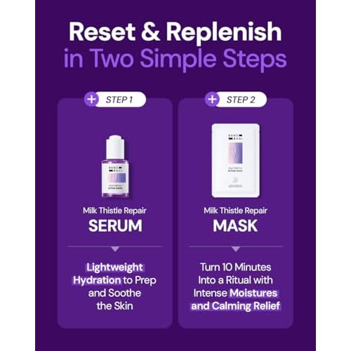 Milk Thistle Repair Skin Care Set - Korean Skin Care with Centella, Soothing & Barrier Repair Kit for Sensitive Skin, Face Mask 10EA & Serum 0.5 fl. oz., Face Moisturizer, Fragrance-Free