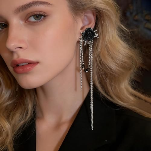 Punk Black Rose Flower Earring Long Rhinestone Chain Drop Earrings Silver Cz Tassel Ear Cuff Jewelry for Women