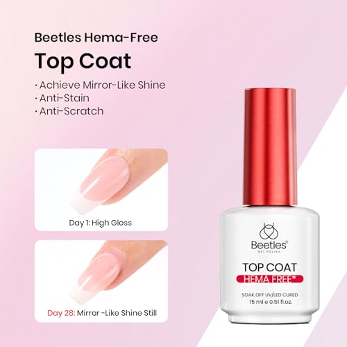 Beetles HEMA-Free 15ml Gel Top Coat and Builder Gel for Nails with Nail Brush, Low Heat Hypoallergenic Clear 8 in 1 Builder High Shine Long Lasting No Wipe Top Coat Nail Polish