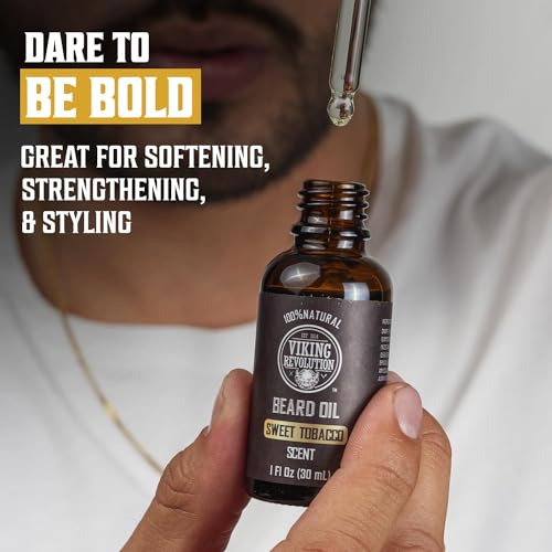 Viking Revolution Sweet Tobacco Beard Balm for Men and Sweet Tobacco Beard Oil Bundle - With Argan and Jojoba Oils - Soften and Moisturize your Beard