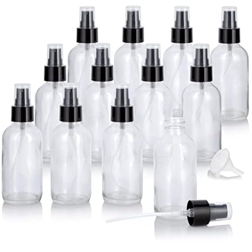 JUVITUS 4 oz Clear Glass Boston Round Bottle with Black Treatment Pump (12 Pack) + Funnel