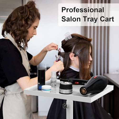 Salon Tray on Wheels, Salon Tray Cart Tattoo Tray Rolling Trolley, Hair Stylist Tray Height Adjustable, Dental Tray Hairdresser Tray Rolling Table Tray Cart (White)