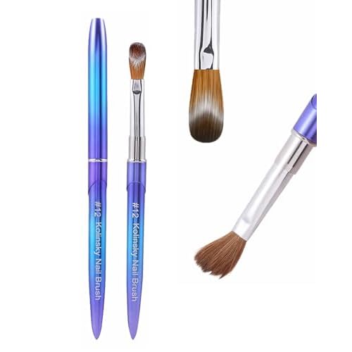 100% Pure Kolinsky Hair Acrylic Nail Art Brushes ? Oval Crimped Tip for Acrylic Powder, Gradient Blue Metal Handle, Professional Nail Art Brush for Salon & DIY (12)
