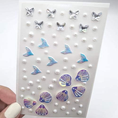 140 pcs Mermaid Face Gems & Seashell Rhinestones -Waterproof Self-Adhesive Face Jewels for Festival, Rave, Cosplay, Body Art (Pearl & Glitter) - Beach Party, Birthday, Carnival Makeup Accessories
