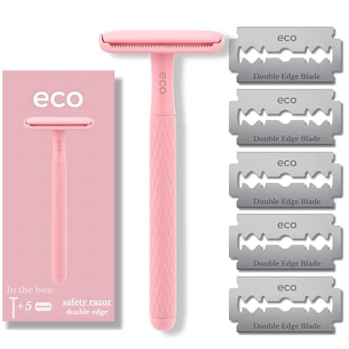 Eco Double Edge Metal Alloy Safety Razor for Women + 5 Double Edge Safety Razor Blade Refills, Reusable Razor for Shaving (Pink)