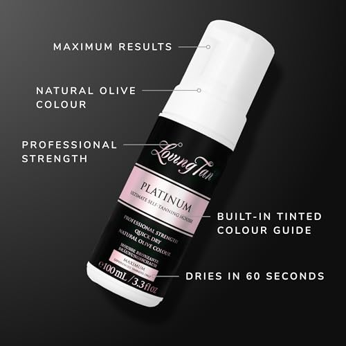 Loving Tan Platinum Self Tanning Mousse, Dark -Streak Free, Natural Looking, Professional Quality Self Tanner -5+ Self Tan Applications per Bottle, Naturally Derived DHA- 3.3 Fl Oz -Packaging May Vary