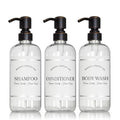 Clear Refillable Shampoo, Conditioner, and Body Wash Bottles - PET Plastic Shampoo Bottles Refillable with Oil Rubbed Bronze Pump - Waterproof Labels - 16 oz, 3 Pack