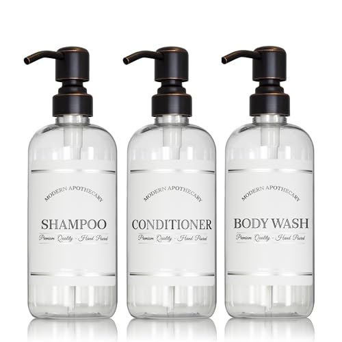 Clear Refillable Shampoo, Conditioner, and Body Wash Bottles - PET Plastic Shampoo Bottles Refillable with Oil Rubbed Bronze Pump - Waterproof Labels - 16 oz, 3 Pack
