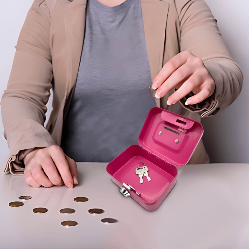 Portable Metal Cash Box with Lock and Key - Small Safe for Money and Coins