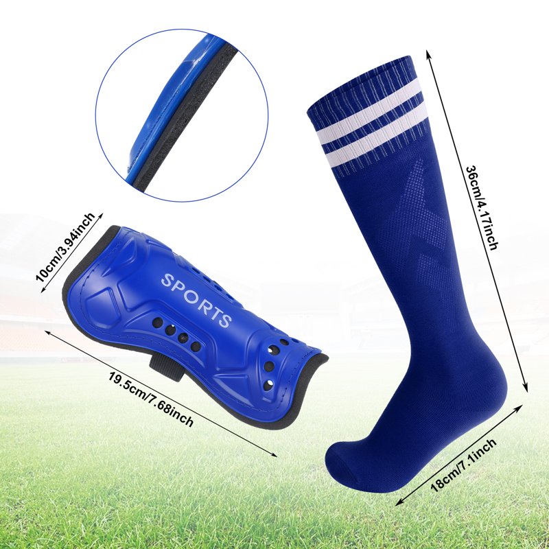 Kids Soccer Shin Guards with Socks Set - 2 Pairs Calf Protection, Blue & Black