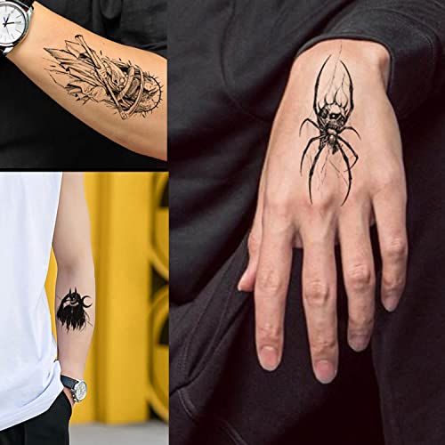 GLARYYEARS Temporary Tattoo for Men, 48-Pack 12 Large 36 Small Fake Tattoos, Long-lasting Realistic Tattoo Stickers, Halloween Cool Black Skull Snake Death Designs for Adults Women for Body Half Arm
